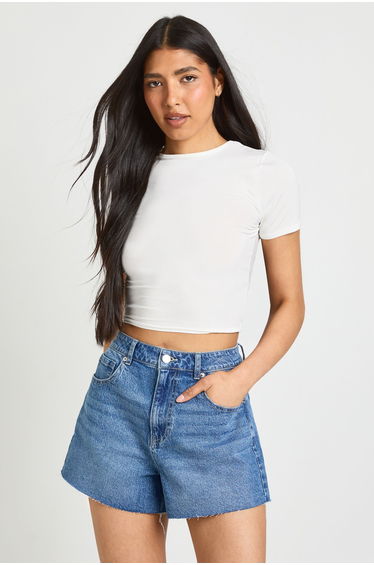 Tall Slinky Basic Short Sleeve Crop Top - white