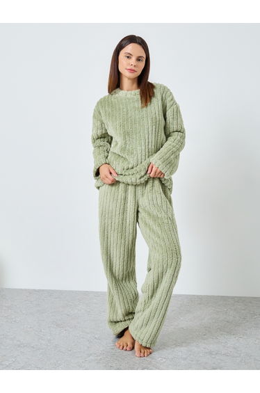 Chunky Rib Fleece Drop Shoulder Top and Pyjama Set