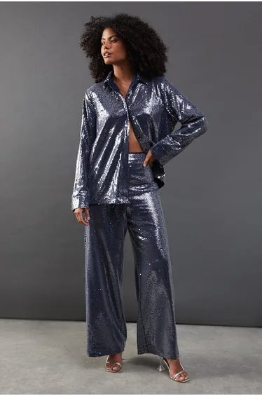 Sequin High Waist Straight Leg Trouser