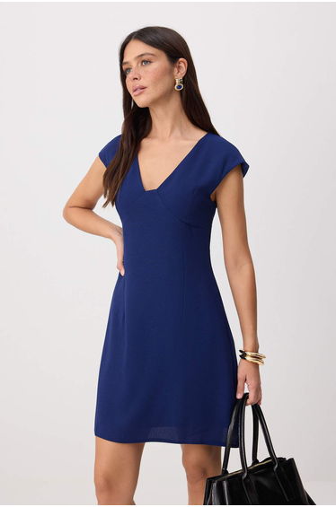 Navy Blue V-Neck Short / Mini Woven Dress