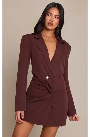 Chocolate Woven Asymmetric Trim Blazer Dress