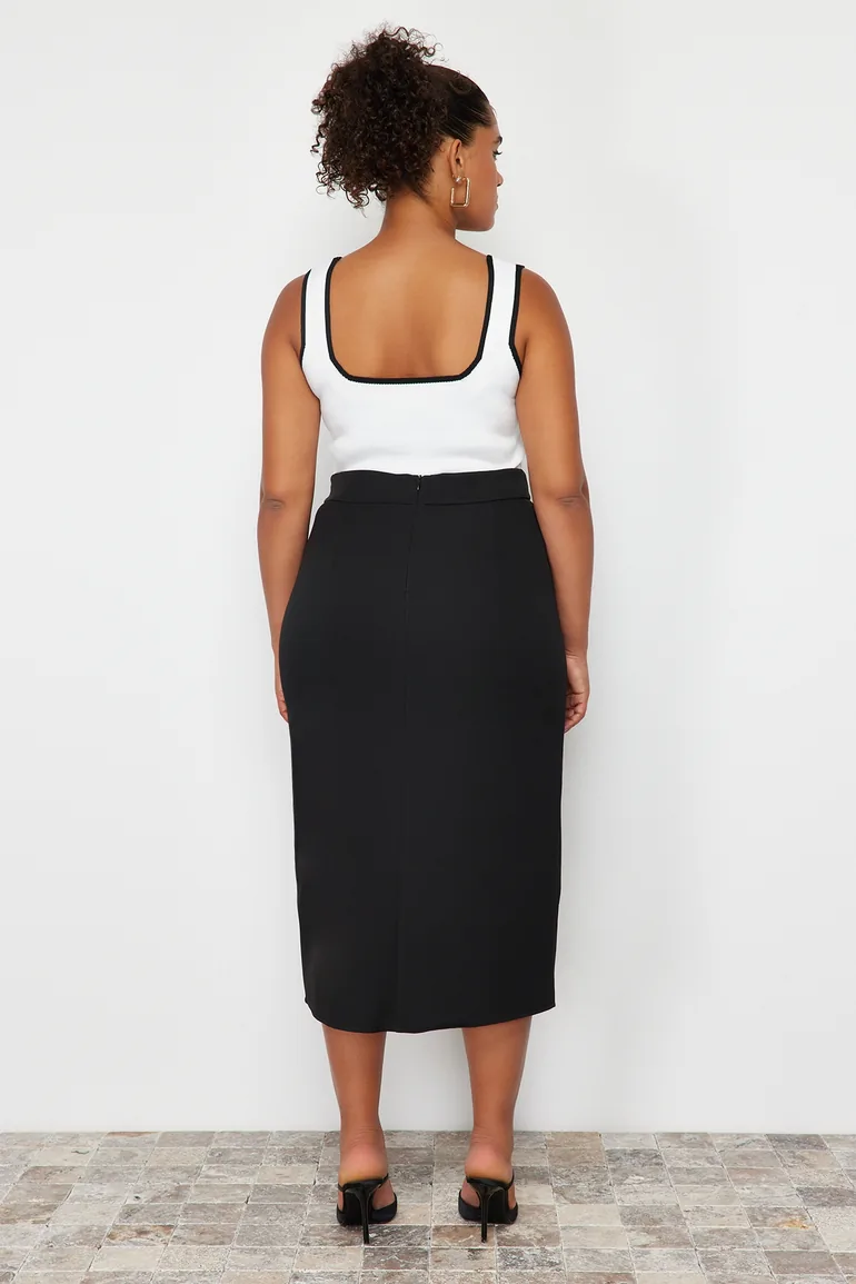 Black High Waist Midi Woven Skirt - 5