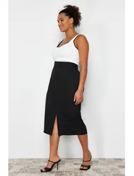 Black High Waist Midi Woven Skirt - 2