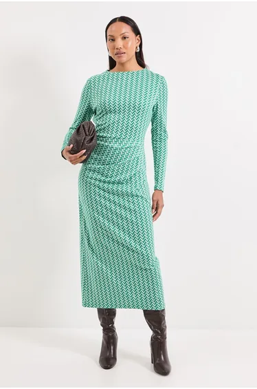 Geo High Neck Jacquard Midi Dress