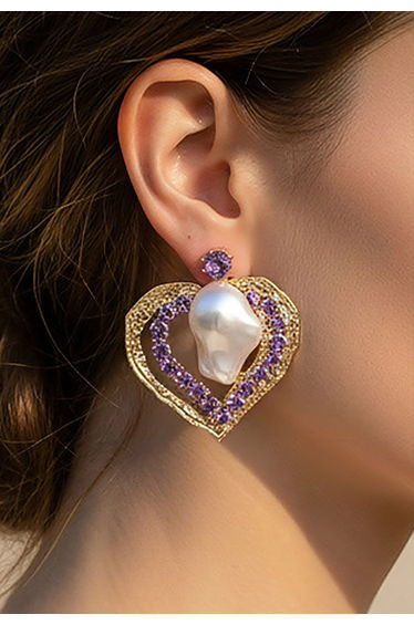 Baroque Pearl Double-Layered Heart Earrings in Purple