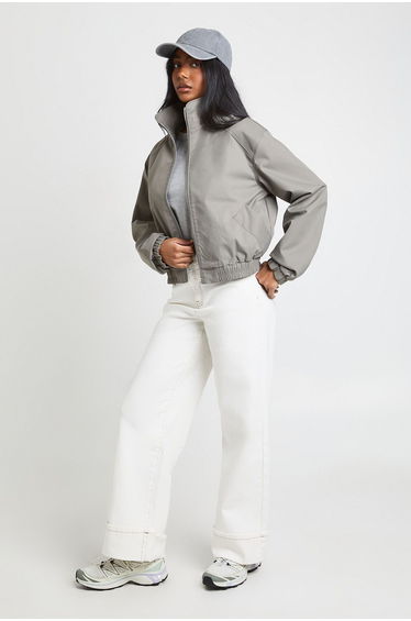 Boxy Funnel Neck Bomber Jacket - grey