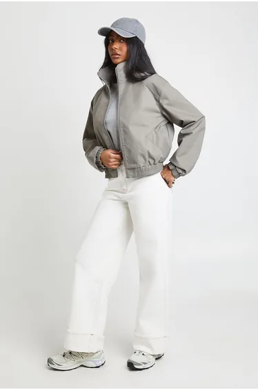 Boxy Funnel Neck Bomber Jacket - grey