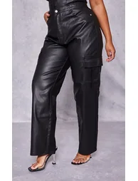 Plus Black Coated Denim Cargo Jeans - 1