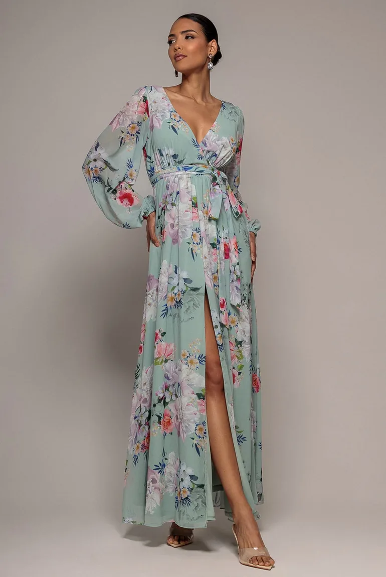 Wrap Front Slit Floral Maxi Dress - Sage Green by Goddiva - 1
