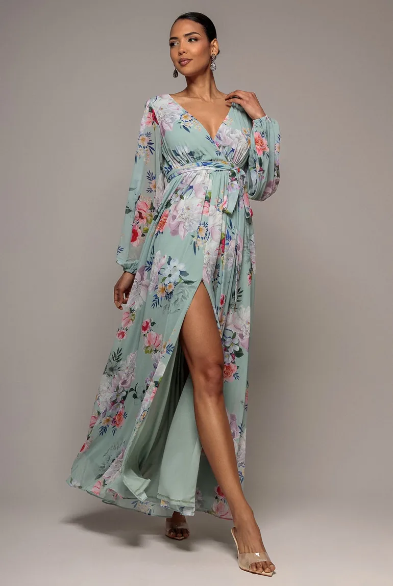 Wrap Front Slit Floral Maxi Dress - Sage Green by Goddiva