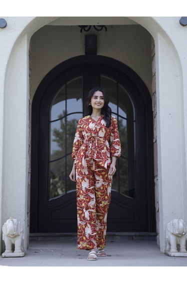 Red All Over Print Cotton Top and Pants Set