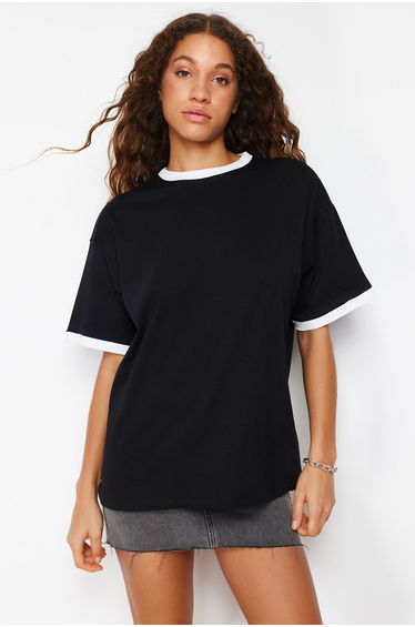 Black 100% Cotton Contrast Collar and Stripe Detailed Oversize/Relaxed Cut Knitted T-Shirt