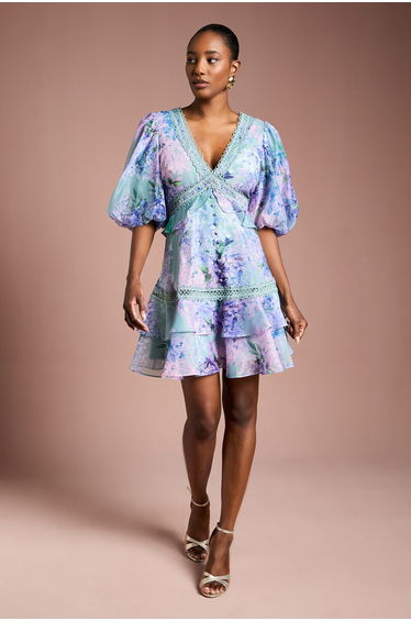 Lace Trim Puff Sleeve Organza Mini Dress