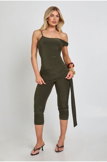Slinky Asymmetric Neck Capri Jumpsuit - khaki