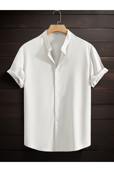 Men White Mandarin Collar Short Sleeve Shirt