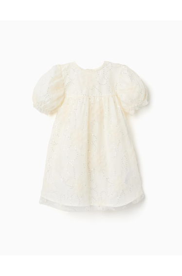 Dress with balloon sleeves and 3D flowers for baby girls white