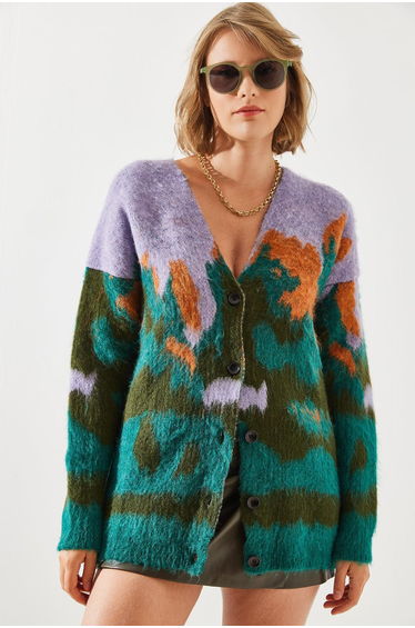 Colorful Patterned Brushed Fleece Cardigan - Petrol