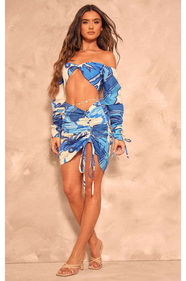 Blue Abstract Print Ruched Detail Bardot Top