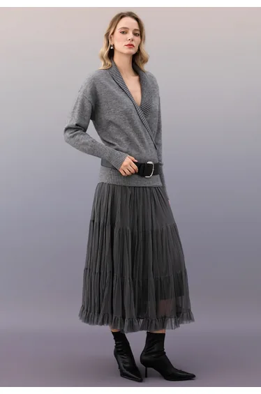 Shawl Collar Faux Wrap Belt Knit Sweater in Grey