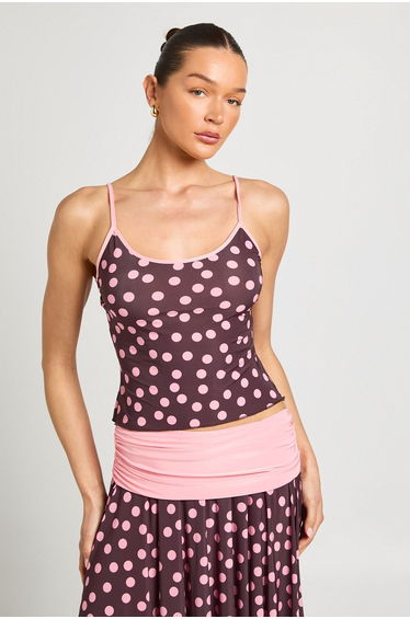 Polka Dot Contrast Binding Vest Top - chocolate