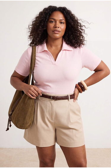 Light Pink Polo Collar Fitted Ribbed Knitted Blouse