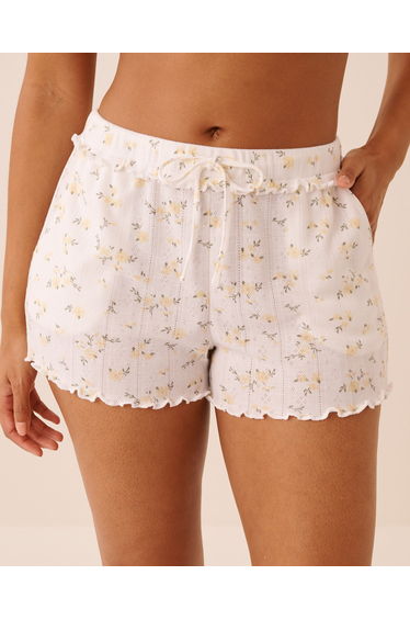 Floral Print Ruffle Hem Pointelle Pajama Shorts