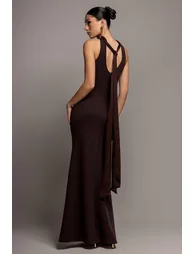 Scuba & Velvet Satin Cape Sleeve Halterneck Maxi Dress - Brown by Goddiva - 1