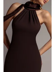 Scuba & Velvet Satin Cape Sleeve Halterneck Maxi Dress - Brown by Goddiva - 5