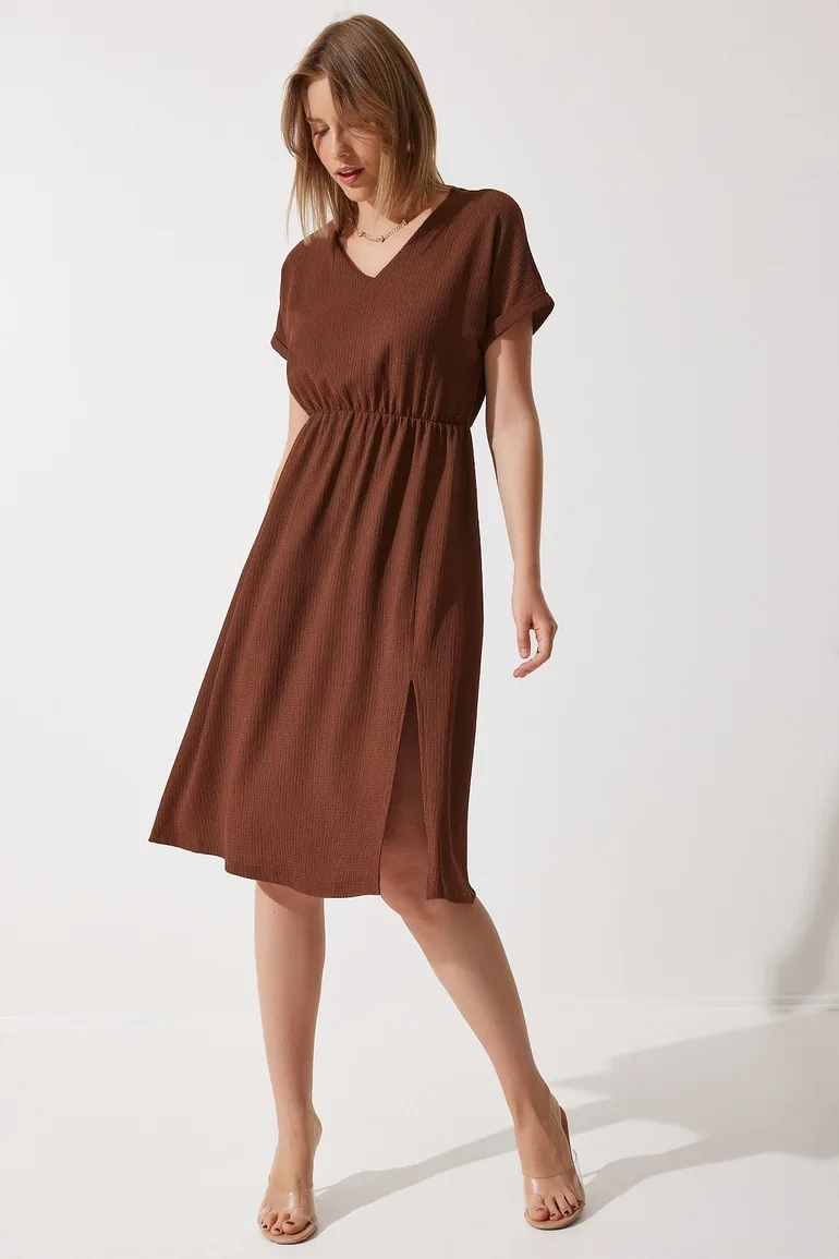 Shop Women's Brown V-Neck Slit Summer Casual Knitted Dress Online in Oman