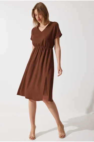 Women's Brown V-Neck Slit Summer Casual Knitted Dress