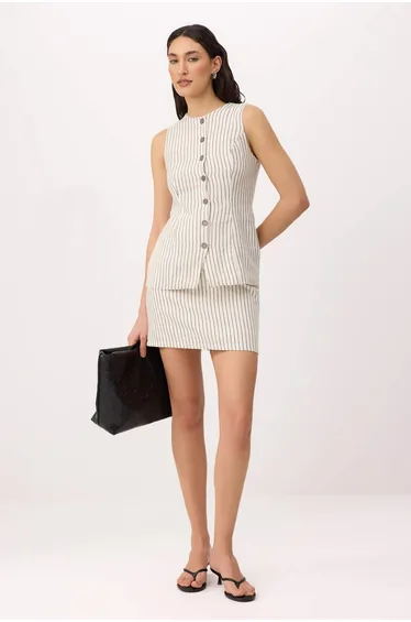 Multicolor Striped Linen Look Vest Skirt Woven Bottom - Top Set