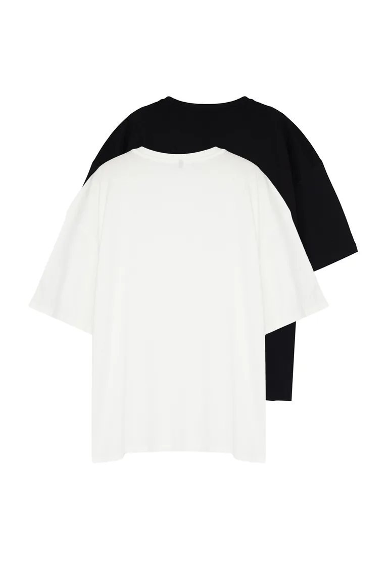 Plus Size Black-Ecru Men's Oversize 2-Pack Basic 100% Cotton Comfortable T-Shirt - 4