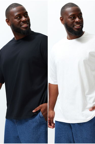 Plus Size Black-Ecru Men's Oversize 2-Pack Basic 100% Cotton Comfortable T-Shirt