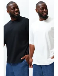 Plus Size Black-Ecru Men's Oversize 2-Pack Basic 100% Cotton Comfortable T-Shirt