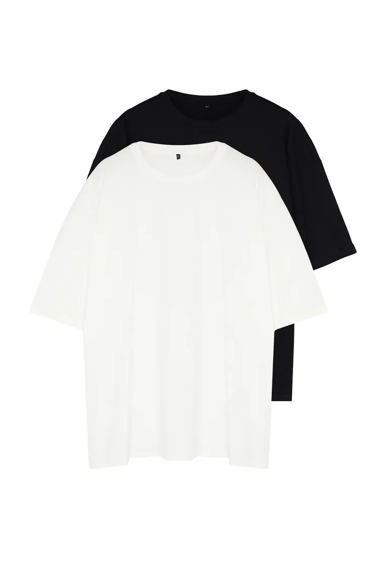 Plus Size Black-Ecru Men's Oversize 2-Pack Basic 100% Cotton Comfortable T-Shirt - 3