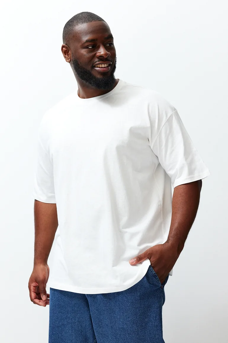 Plus Size Black-Ecru Men's Oversize 2-Pack Basic 100% Cotton Comfortable T-Shirt - 1