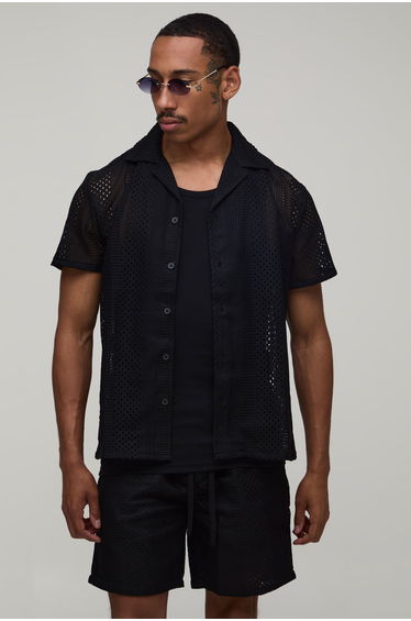 Embroidered Crochet French Riviera Regular Shirt & Relaxed Short Set - black