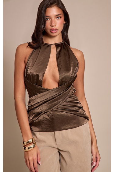 Dark Olive Crinkle Satin Wrap Corset Top
