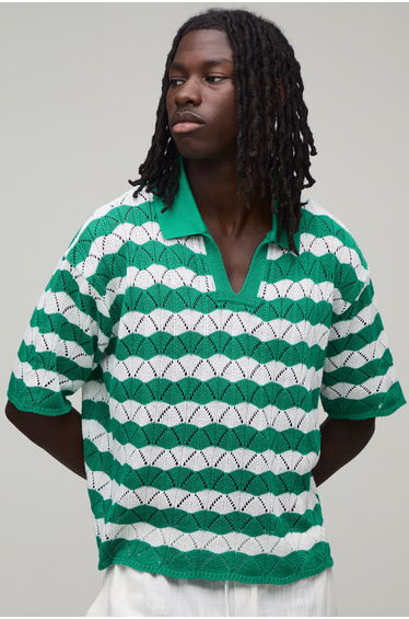 Oversized Boxy Wavy Open Stitch Knitted Polo - green