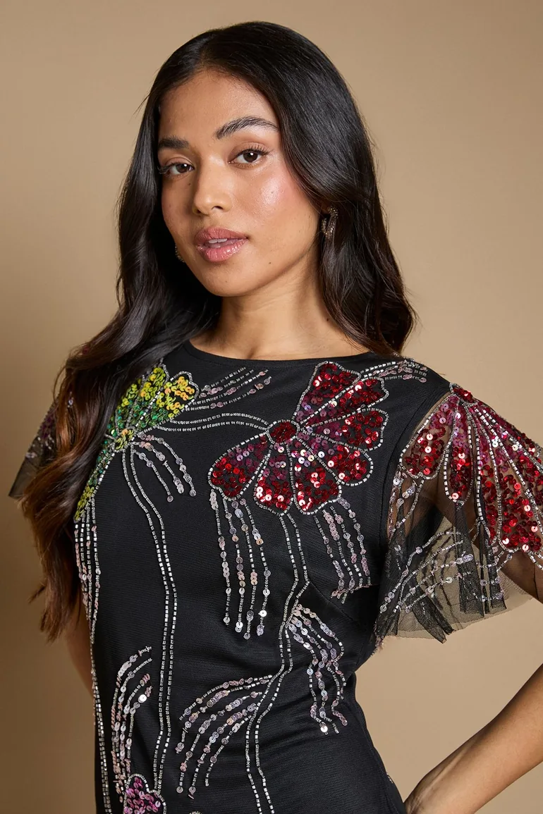 Petite Fan Floral Embellished Angel Sleeve Maxi Dress - 1