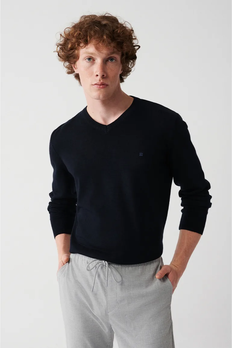 Men's Navy Blue Knitwear Sweater V Neck Anti-Pilling Standard Fit Regular Fit - 3
