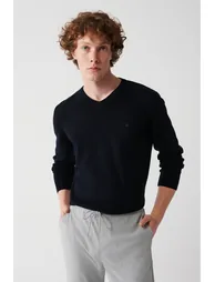 Men's Navy Blue Knitwear Sweater V Neck Anti-Pilling Standard Fit Regular Fit - 3