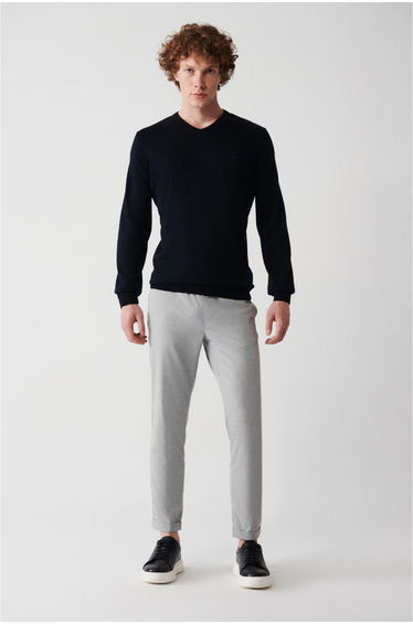 Men's Navy Blue Knitwear Sweater V Neck Anti-Pilling Standard Fit Regular Fit