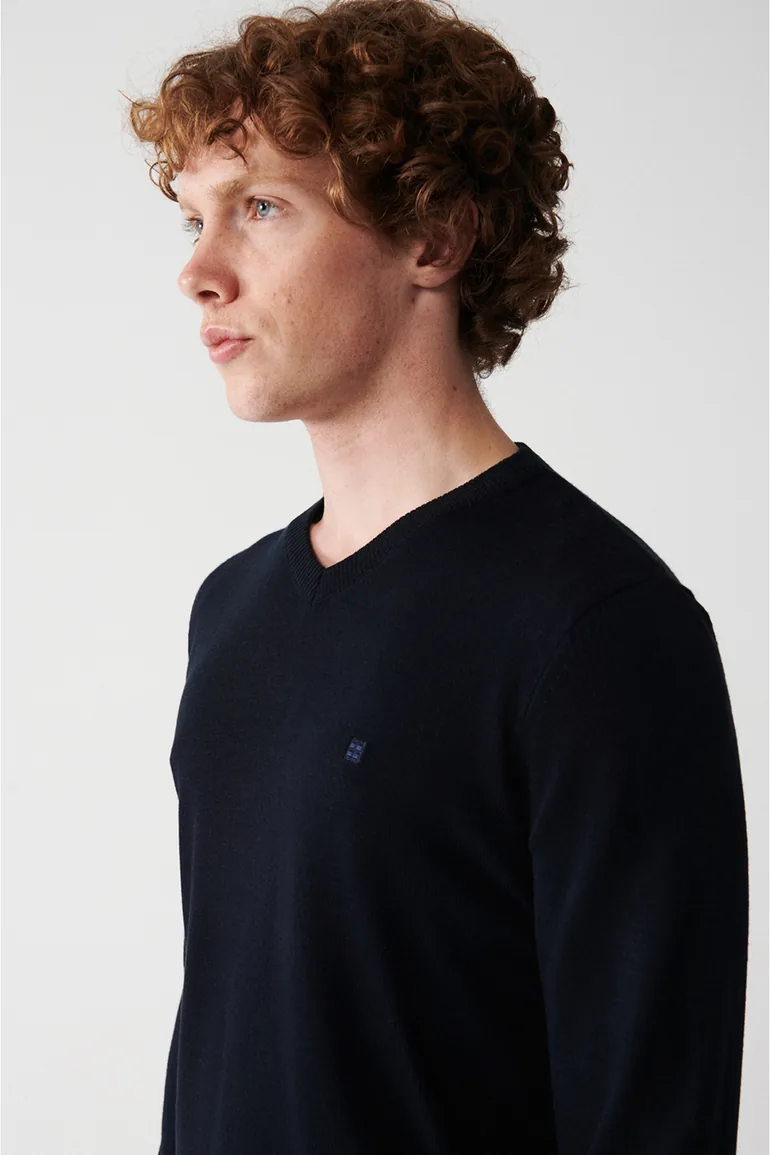 Men's Navy Blue Knitwear Sweater V Neck Anti-Pilling Standard Fit Regular Fit - 2