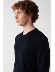 Men's Navy Blue Knitwear Sweater V Neck Anti-Pilling Standard Fit Regular Fit - 2