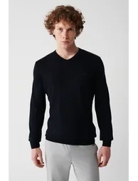 Men's Navy Blue Knitwear Sweater V Neck Anti-Pilling Standard Fit Regular Fit - 1