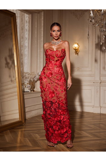 Avital Strapless Flower Maxi Dress In Red