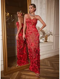 فستان ماكسي سترابليس بأزهار لون أحمر - 4