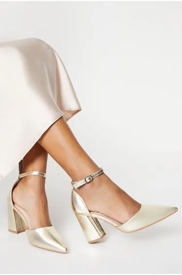 Blanche Ankle Strap Pointed High Block Heel Court Shoes