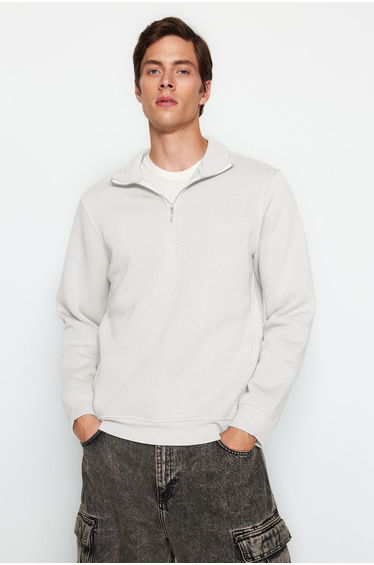 Ecru Regular/Normal Cut Stand Collar Zippered Cotton Basic Sweatshirt